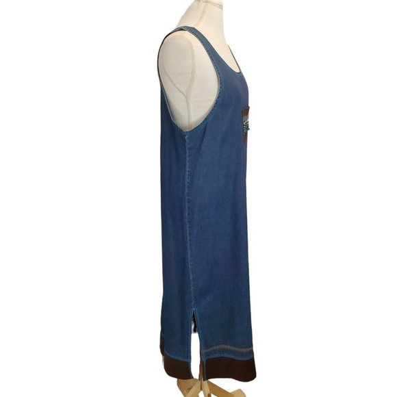 Vintage 90s Western Denim Jean Pinafore Dress Long Maxi Sleeveless Suede Sz M/L - Picture 6 of 9